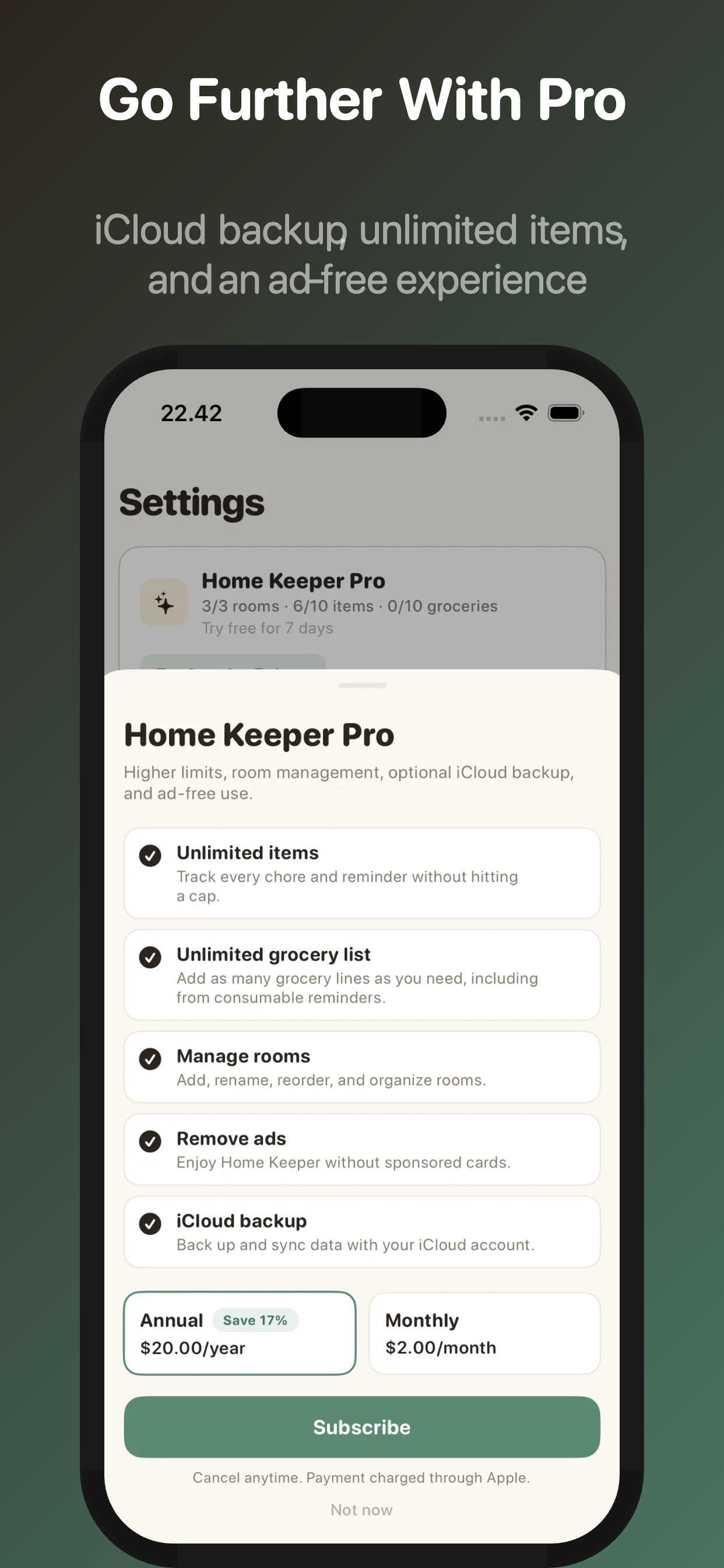 Home Keeper Pro upgrade screen
